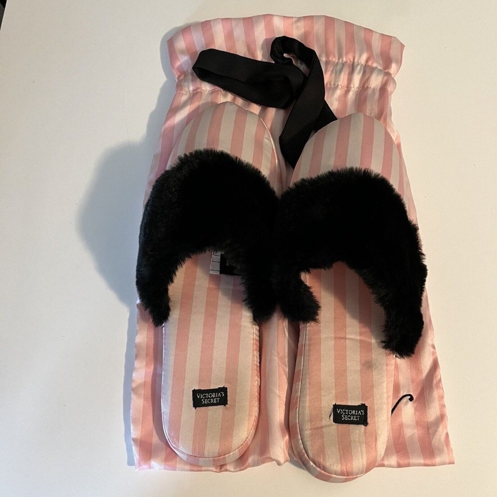 Victoria's Secret Signature Satin Slippers Pink Stripe W/Faux Fur Sz L